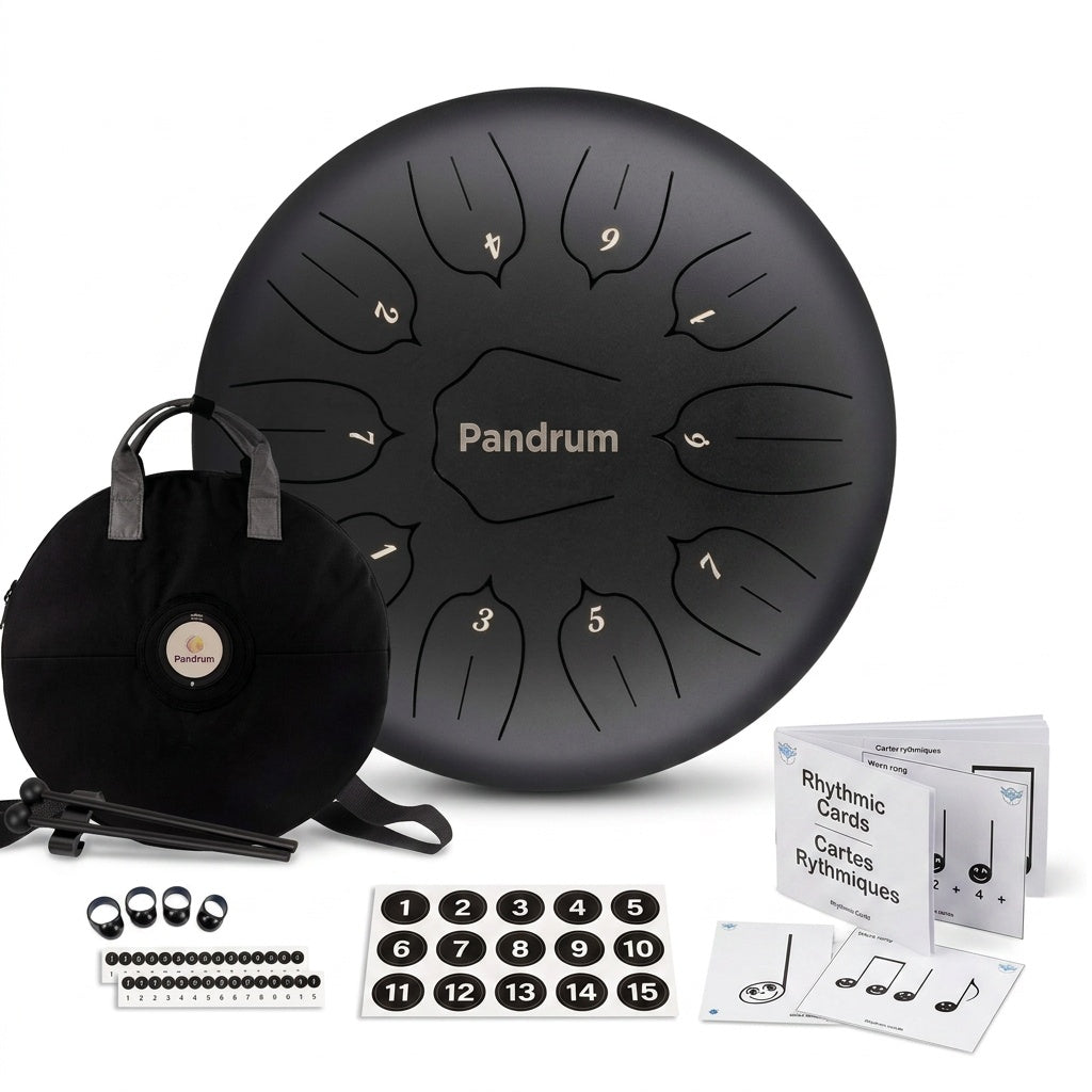 Pandrum „Standard" Rhythmus-Set – Zungentrommel (14/20 cm) + Happy Beatz Lernkarten