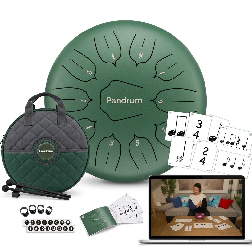 Pandrum „Standard" Rhythmus-Set – Zungentrommel (14/20 cm) + Happy Beatz Lernkarten